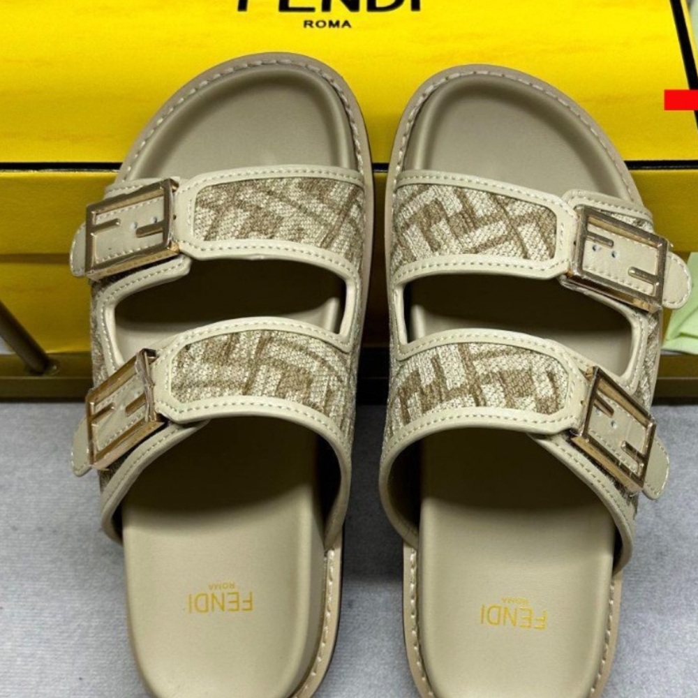 Fendi Tan Slides with Gold Buckles